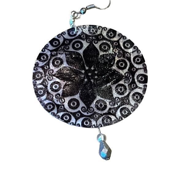 Capace Capiz Shell Vintage Earrings Pierce Drop Dangle Mandala White Black - Picture 2 of 5